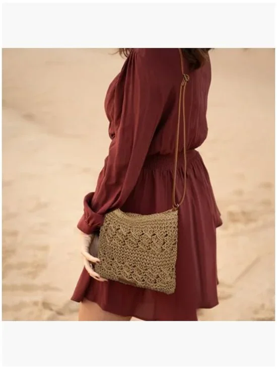 Handwoven Straw Crossbody Shoulder Bag with Leather Strap - Picture 6 of 6